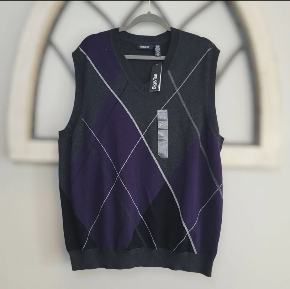 *NWT* Claiborne, Big & Tall Purple Argyle 100% Cotton Vest, Sz XLT